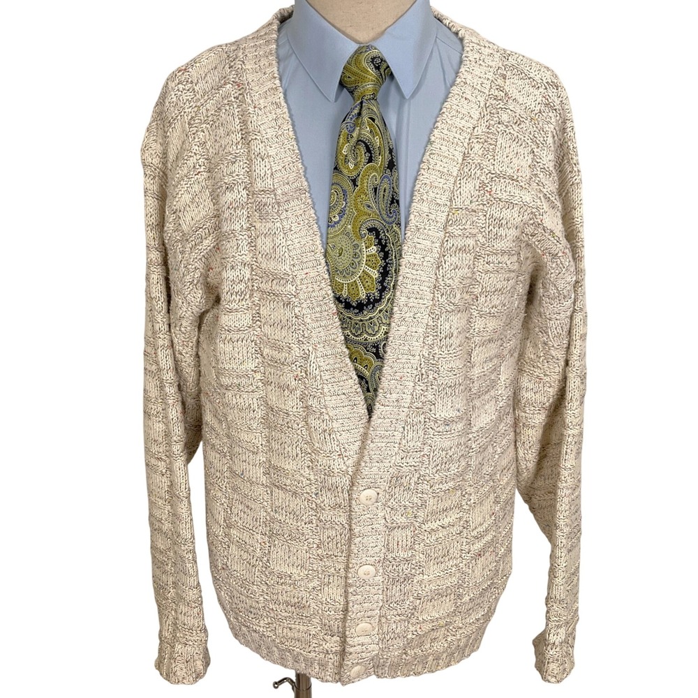 Canterbury Clothiers Cardigan Men Large Beige Multi Marled Grandpa Knit Sweater‎